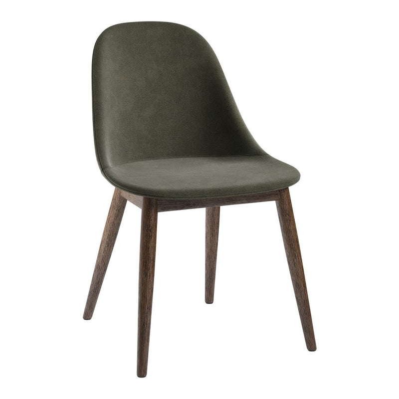 Olive green upholstered chair with wooden legs, featuring a sleek, modern design and smooth, curved lines.