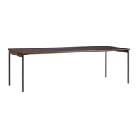 Modern wooden desk with a dark brown surface and sleek black metal legs. Minimalist design for stylish workspaces.