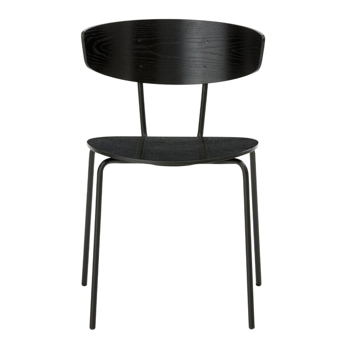 Black wooden chair with a curved back and minimalist design. Sleek, modern silhouette for versatile decor.