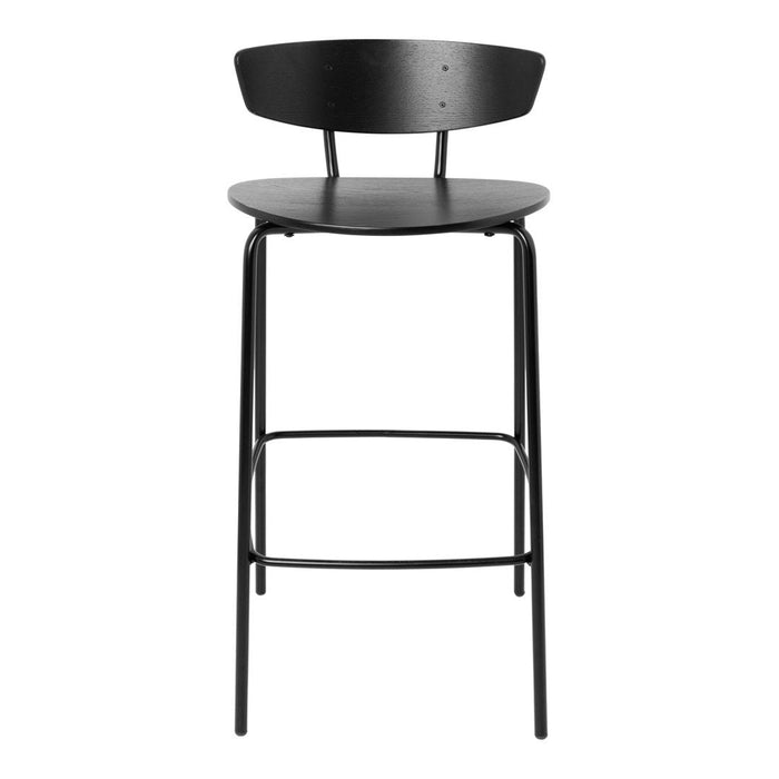 Black wooden bar stool with a minimalist design and smooth surface, featuring a solid black finish and sleek lines.