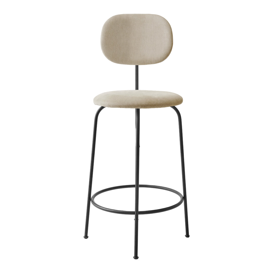Light beige upholstered bar stool with a minimalist black metal frame. Simple and modern design.