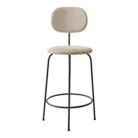 Light beige upholstered bar stool with a minimalist black metal frame. Simple and modern design.