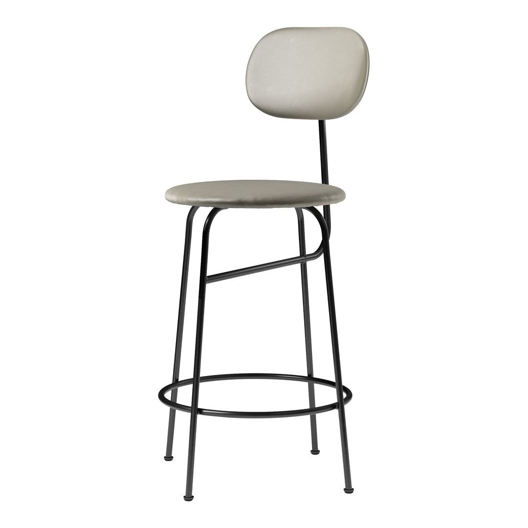 Light gray upholstered bar stool with minimalist black metal legs, perfect for modern decor.