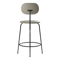 Modern bar stool featuring a sleek gray seat and backrest with a minimalistic black metal frame.