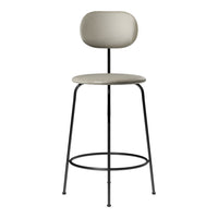 Light gray bar stool with a smooth, minimalist design and black metal legs, perfect for modern spaces.
