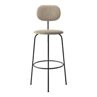 Beige upholstered bar stool with a minimalist black metal frame and smooth, rounded shapes.