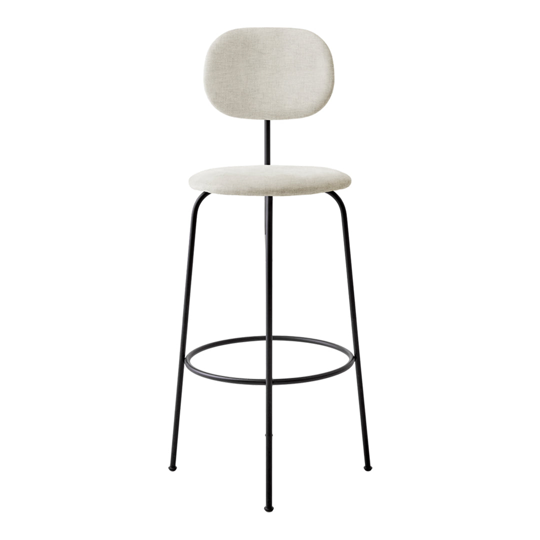 Light grey textured fabric bar stool with a minimal black metal frame. Modern design for stylish interiors.