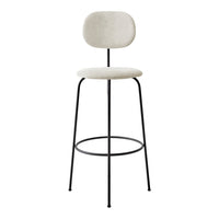 Light grey textured fabric bar stool with a minimal black metal frame. Modern design for stylish interiors.