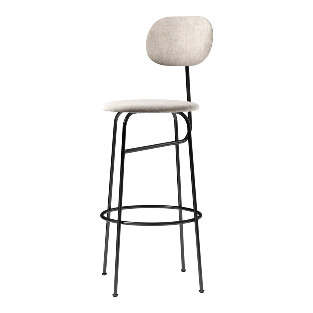 White upholstered bar stool with a sleek black metal frame and minimalist design. Modern aesthetic for any space.