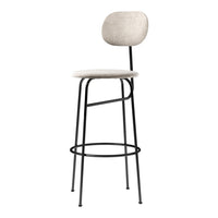 White upholstered bar stool with a sleek black metal frame and minimalist design. Modern aesthetic for any space.