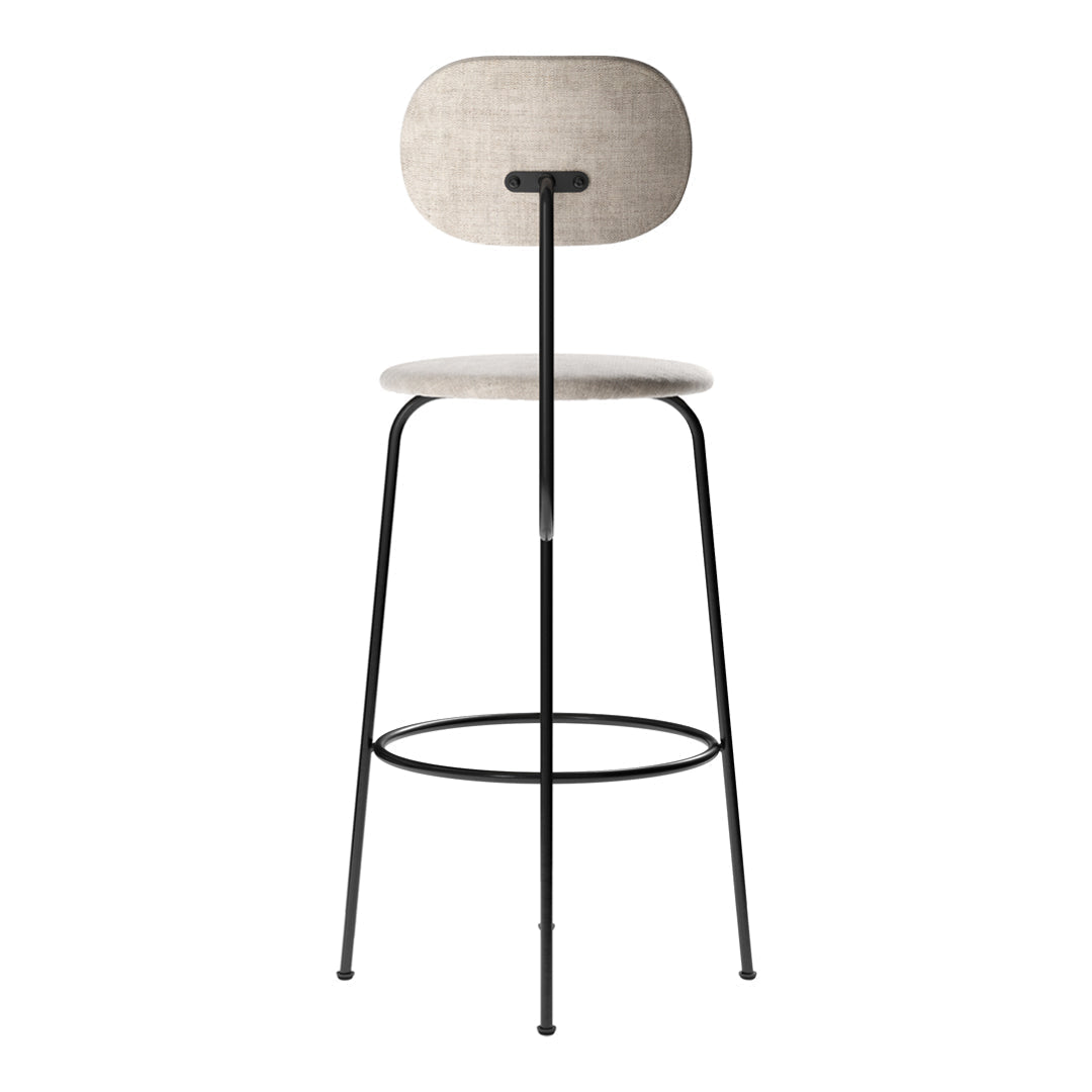 Neutral beige fabric seat and backrest on a sleek black metal frame, perfect for modern decor.