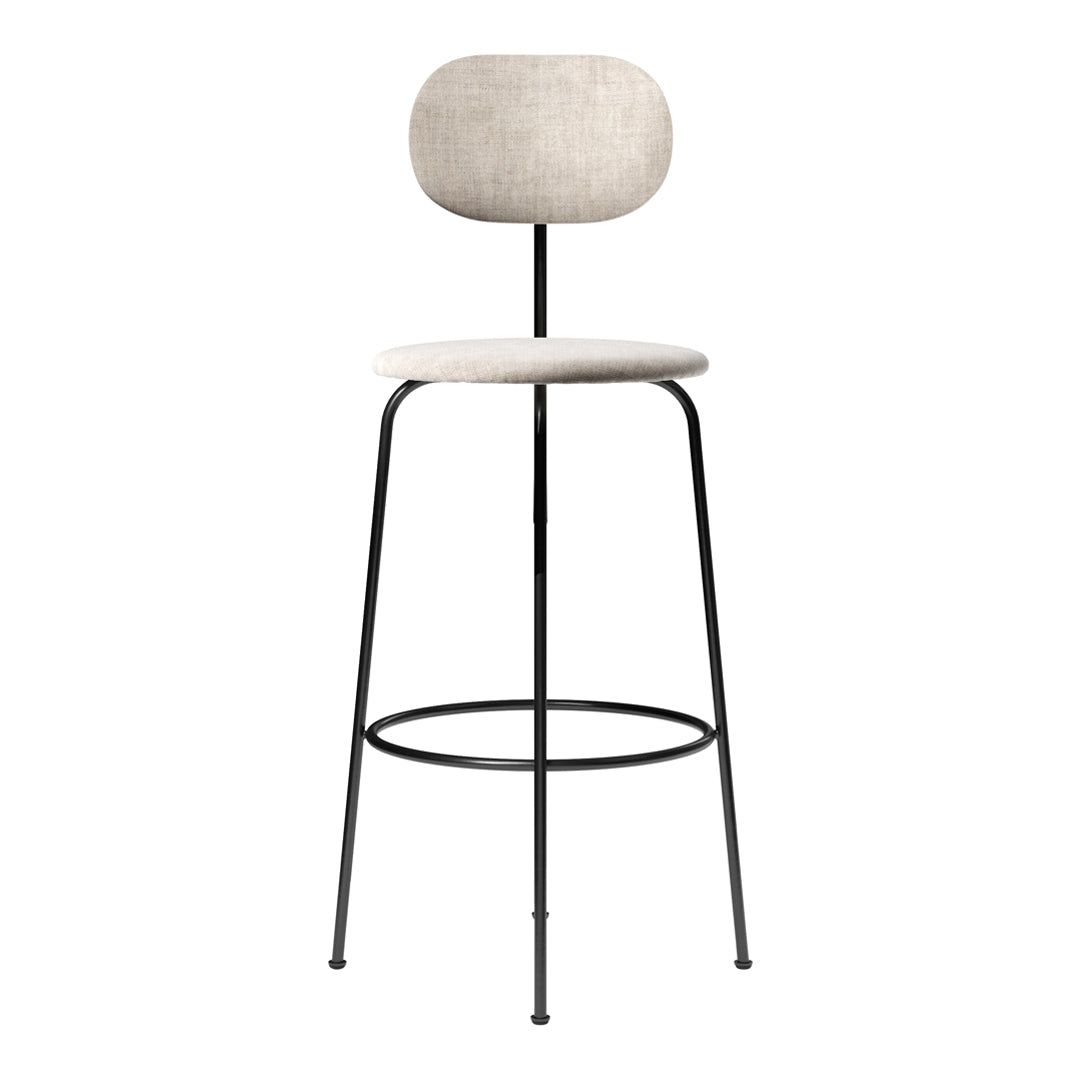 Light beige upholstered bar stool with a sleek black metal frame and minimalist design. Perfect for modern interiors.