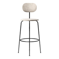 Light beige upholstered bar stool with a sleek black metal frame and minimalist design. Perfect for modern interiors.