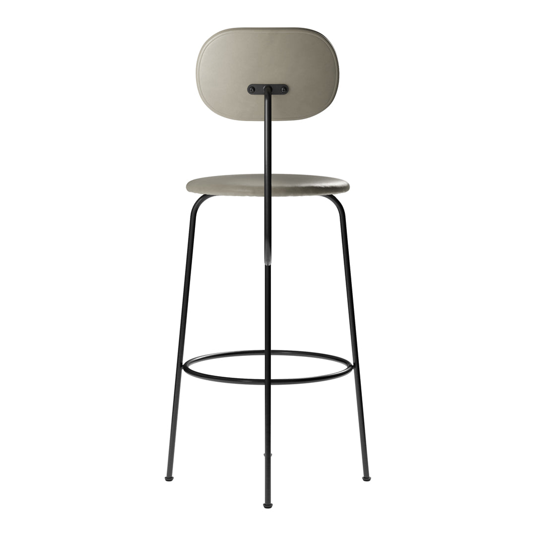 Stylish bar stool featuring a muted gray seat and backrest with sleek black metal legs, perfect for modern decor.