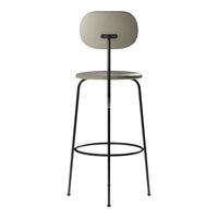 Stylish bar stool featuring a muted gray seat and backrest with sleek black metal legs, perfect for modern decor.