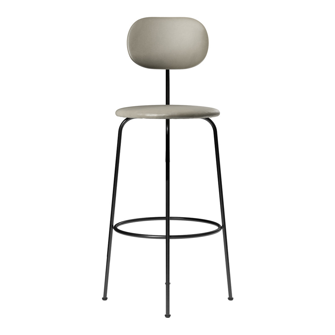 Modern bar stool in soft gray with a minimalist design and sleek black metal legs. Perfect for contemporary decor.