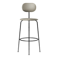 Modern bar stool in soft gray with a minimalist design and sleek black metal legs. Perfect for contemporary decor.