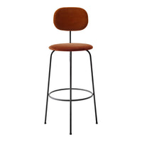 Copper velvet bar stool with a sleek black metal frame, featuring a smooth, minimalist design.