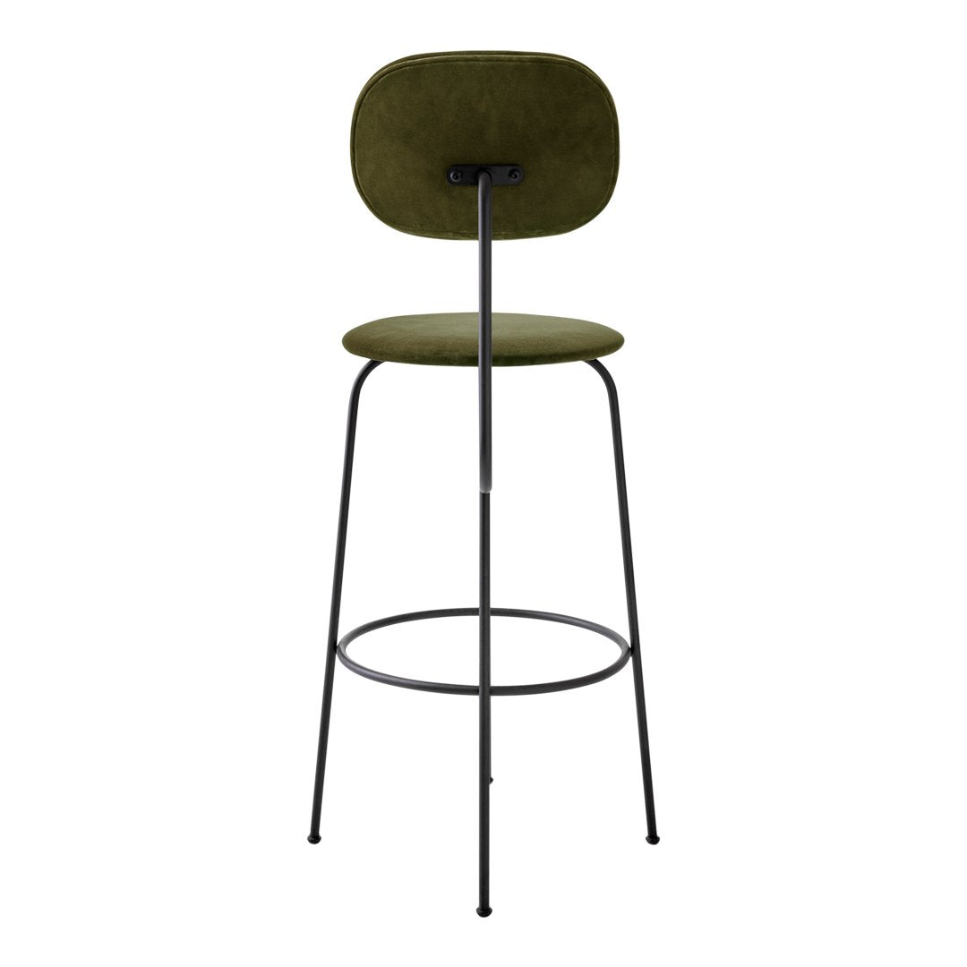 Olive green upholstered bar stool with a sleek black metal frame. Modern and minimalist design.