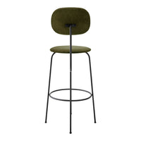 Olive green upholstered bar stool with a sleek black metal frame. Modern and minimalist design.