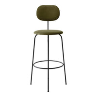 Olive green upholstered bar stool with minimalist black metal legs and simple, modern design.