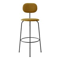 Stylish mustard yellow upholstered bar stool with a sleek black metal frame. Modern design with a simple, clean shape.