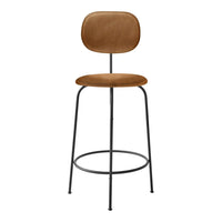 Stylish brown upholstered bar stool with a sleek black metal frame and minimalist design. Perfect for modern spaces.