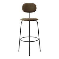 Stylish bar stool in muted olive green with a sleek black metal frame and minimalist design. Perfect for modern decor.