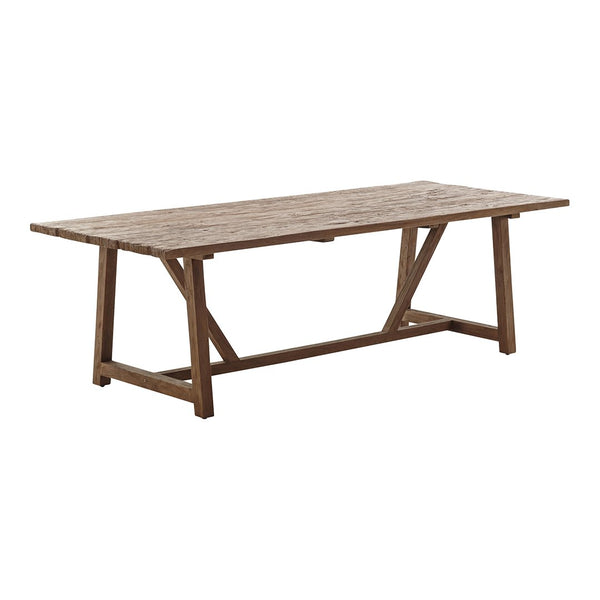 Rustic wooden dining table with a weathered brown finish and a simple, modern design. Perfect for any outdoor space.