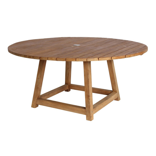 Round wooden table with a natural brown finish and slatted top pattern, perfect for outdoor dining.