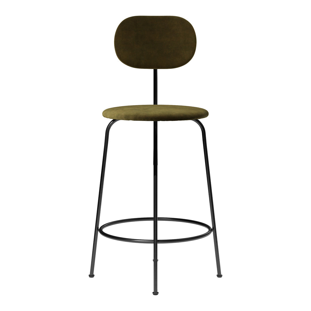 Olive green upholstered bar stool with a sleek black metal frame and minimalist design. Ideal for modern spaces.