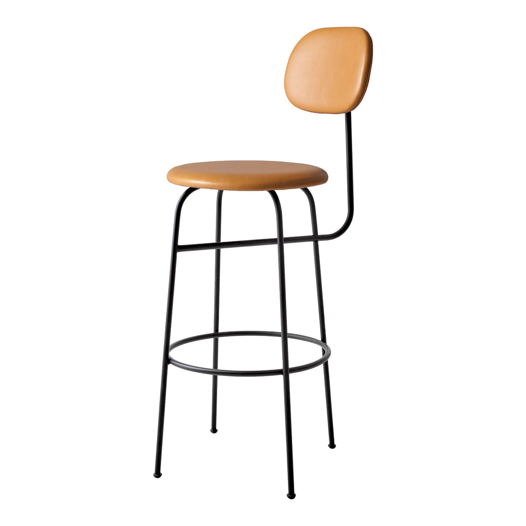 Stylish bar stool with a warm tan seat and backrest, complemented by a sleek black metal frame.