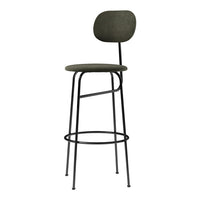 Stylish green upholstered bar stool with black metal legs, featuring a sleek, minimalist design.