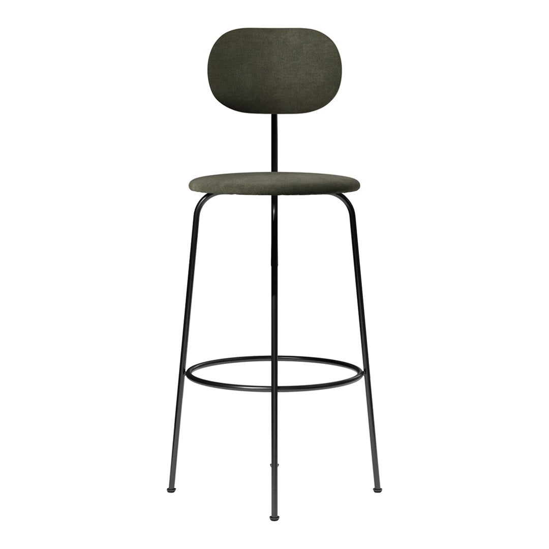 Green upholstered bar stool with a sleek black metal frame and minimalist design, perfect for modern interiors.