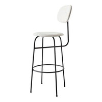 White upholstered bar stool with black metal frame, featuring a sleek, minimalist design. Ideal for modern decor.