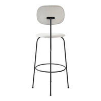 White bar stool with a smooth finish and minimalist black metal legs, featuring a modern, clean design.