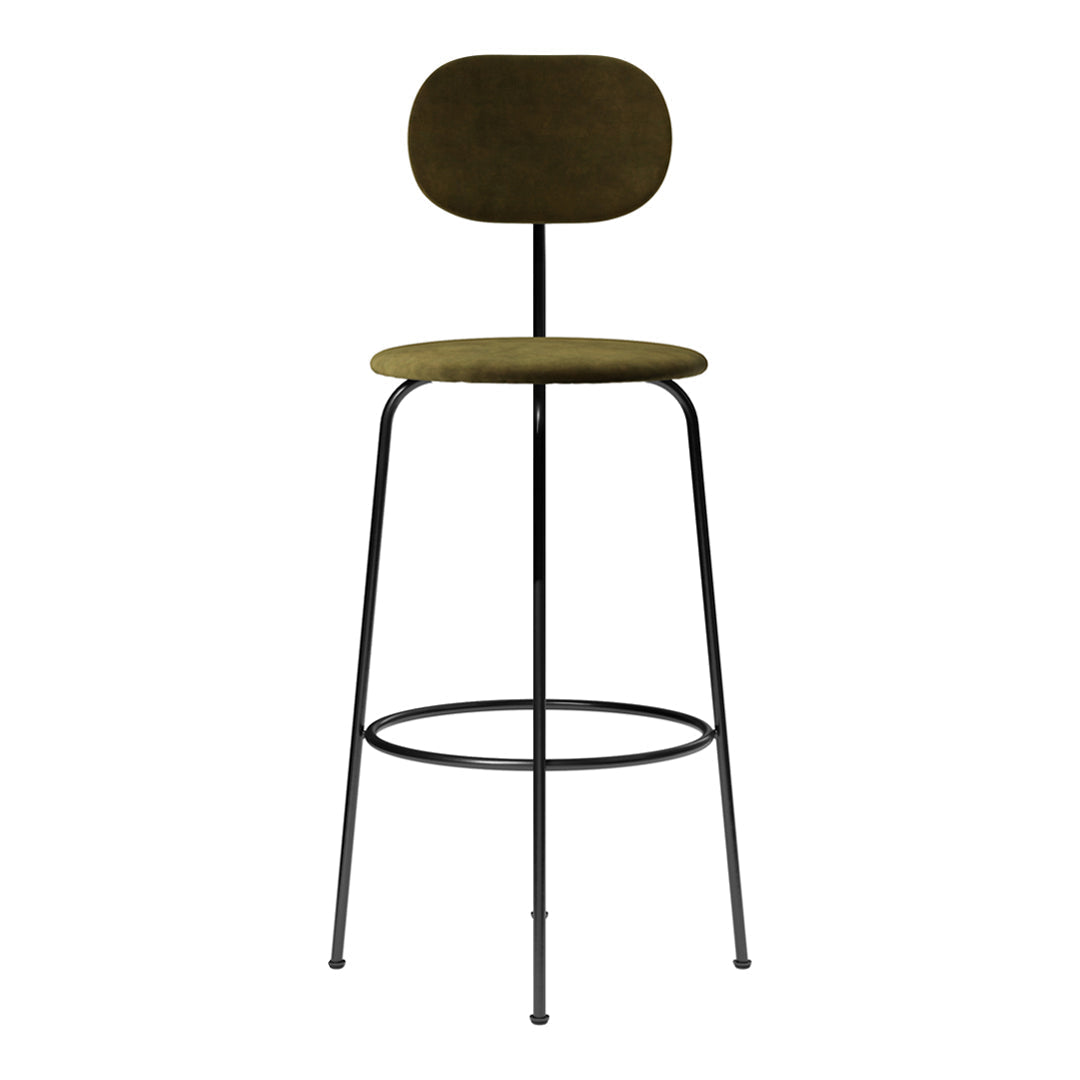 Olive green upholstered bar stool with a sleek black metal frame and minimalist design.