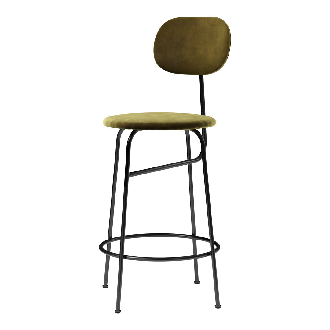 Olive green upholstered bar stool with sleek black metal legs and simple, modern design. Perfect for contemporary decor.