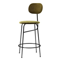 Olive green upholstered bar stool with sleek black metal legs and simple, modern design. Perfect for contemporary decor.