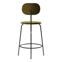 Olive green upholstered bar stool with a smooth seat and minimalist black metal legs. Modern and stylish design.