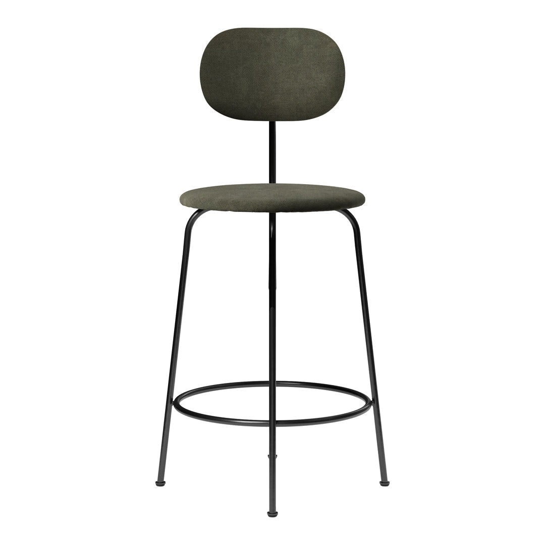 Stylish green fabric bar stool with a minimalist black metal frame and smooth, rounded design. Ideal for modern decor.