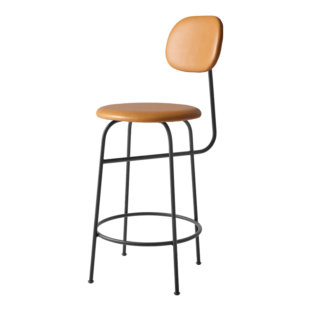 Brown leather bar stool with a black metal frame and minimalist design, perfect for modern interiors.