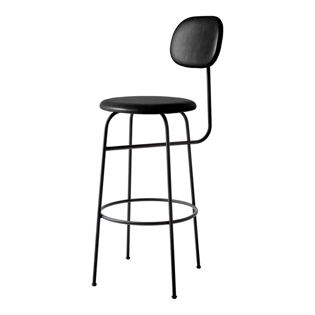 Black metal bar stool with a minimalist design and smooth upholstered seat and backrest. Ideal for modern interiors.