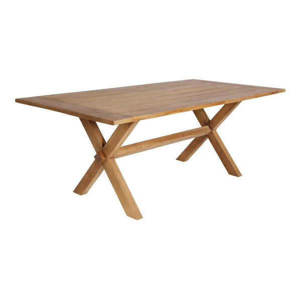 Natural wood dining table with a polished finish and a simple, minimalist design. Features a warm oak color.