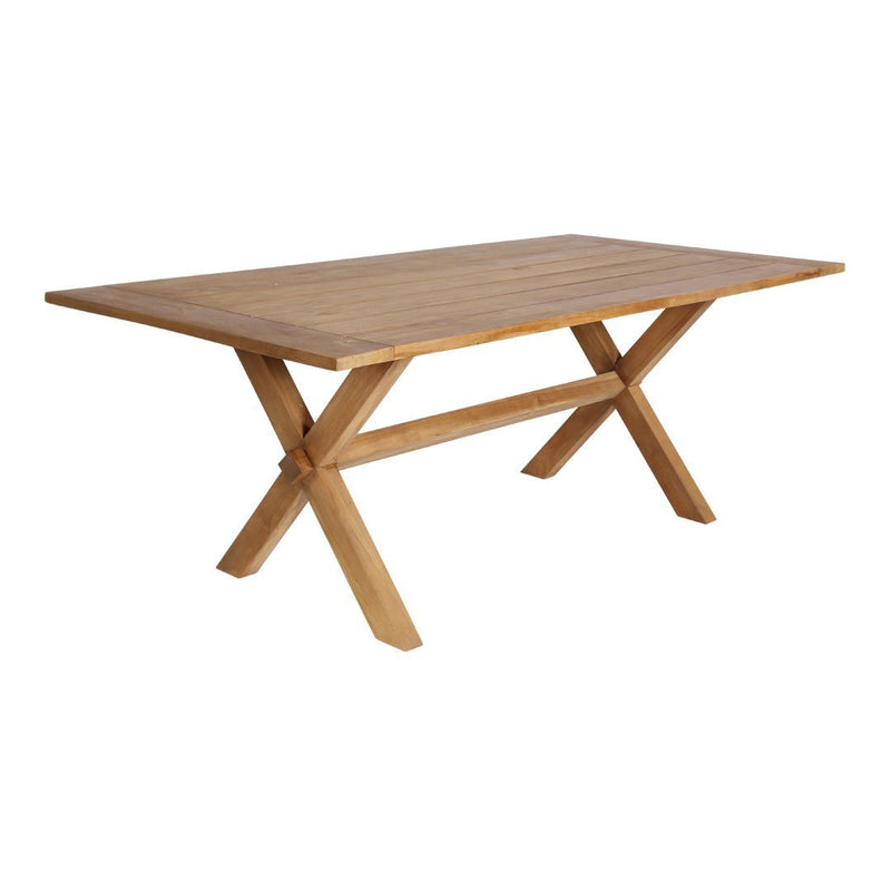 Natural wood dining table with a polished finish and a simple, minimalist design. Features a warm oak color.