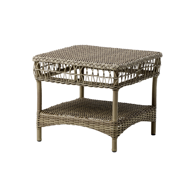 Woven rattan side table in earthy beige tones with a textured, intricate pattern. Ideal for outdoors or interiors.