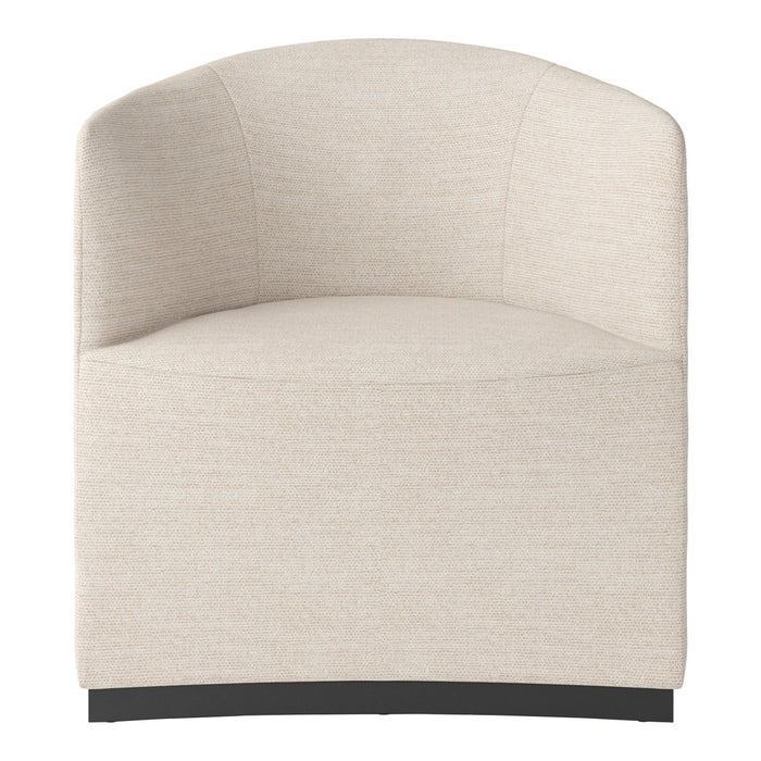 Beige textured fabric accent chair with subtle patterns and rounded design, ideal for modern interiors.