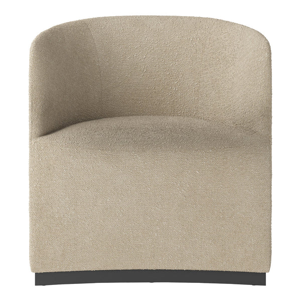 Beige curved armchair with a textured pattern and a minimalist black base. Perfect for modern decor.