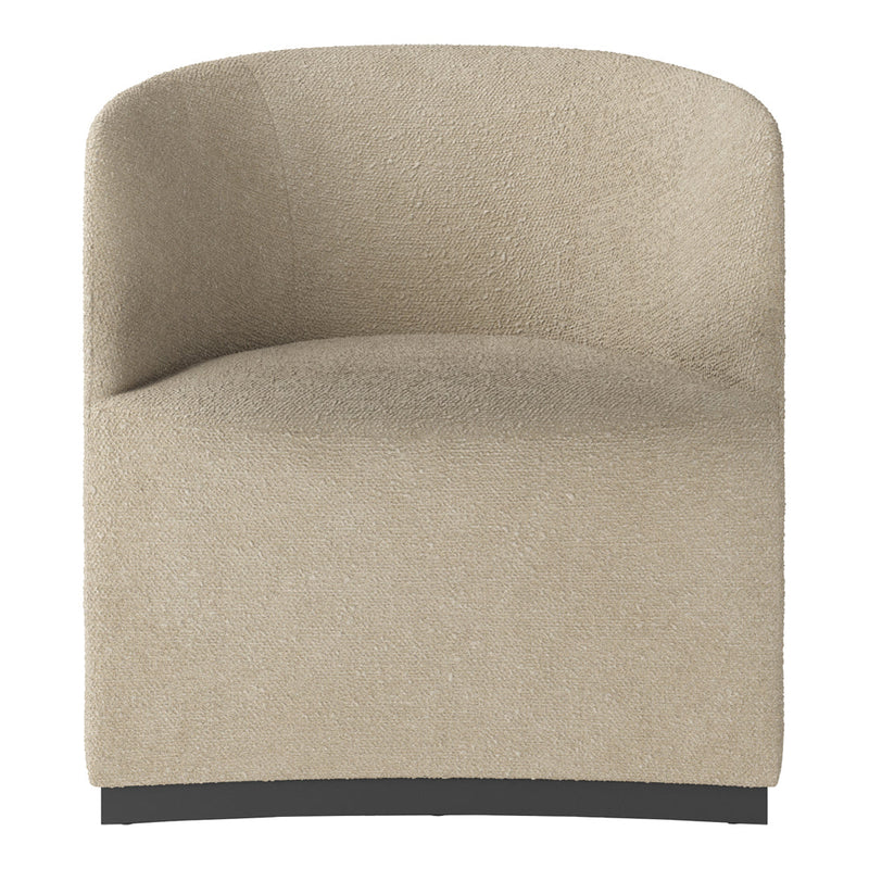 Beige curved armchair with a textured pattern and a minimalist black base. Perfect for modern decor.