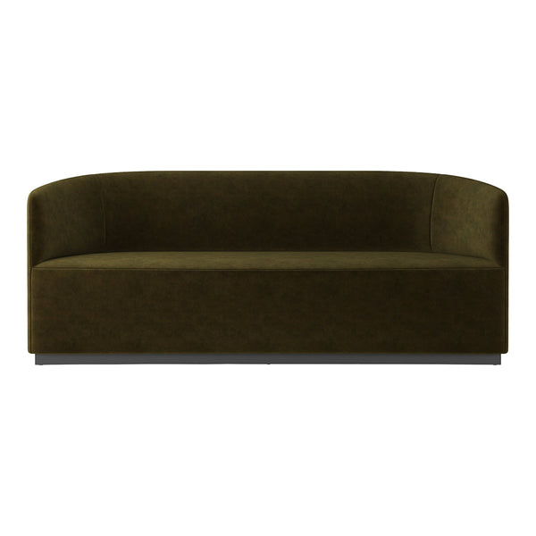 Olive green velvet sofa with a smooth, solid fabric and modern curved design. Perfect for contemporary interiors.